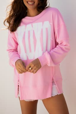 image-Pink Bow Sequin XOXO Letter Graphic Exposed Seam Baggy Sweatshirt