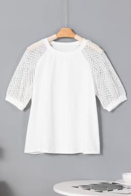 image-White Pointelle Lace Half Sleeve Crew Neck Tee