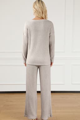 image-Ribbed Knit V Neck Slouchy Two-Piece Outfit - Khaki Modern Chic