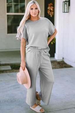 image-Strawberry Pink Textured Loose Fit T Shirt and Drawstring Pants Set