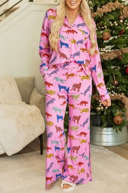 image-Pink Cheetah Print Pajama Set - Button-Up Shirt & Pants
