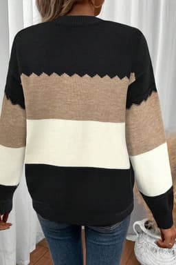 image-Brown Colorblock Crew Neck Drop Shoulder Sweater