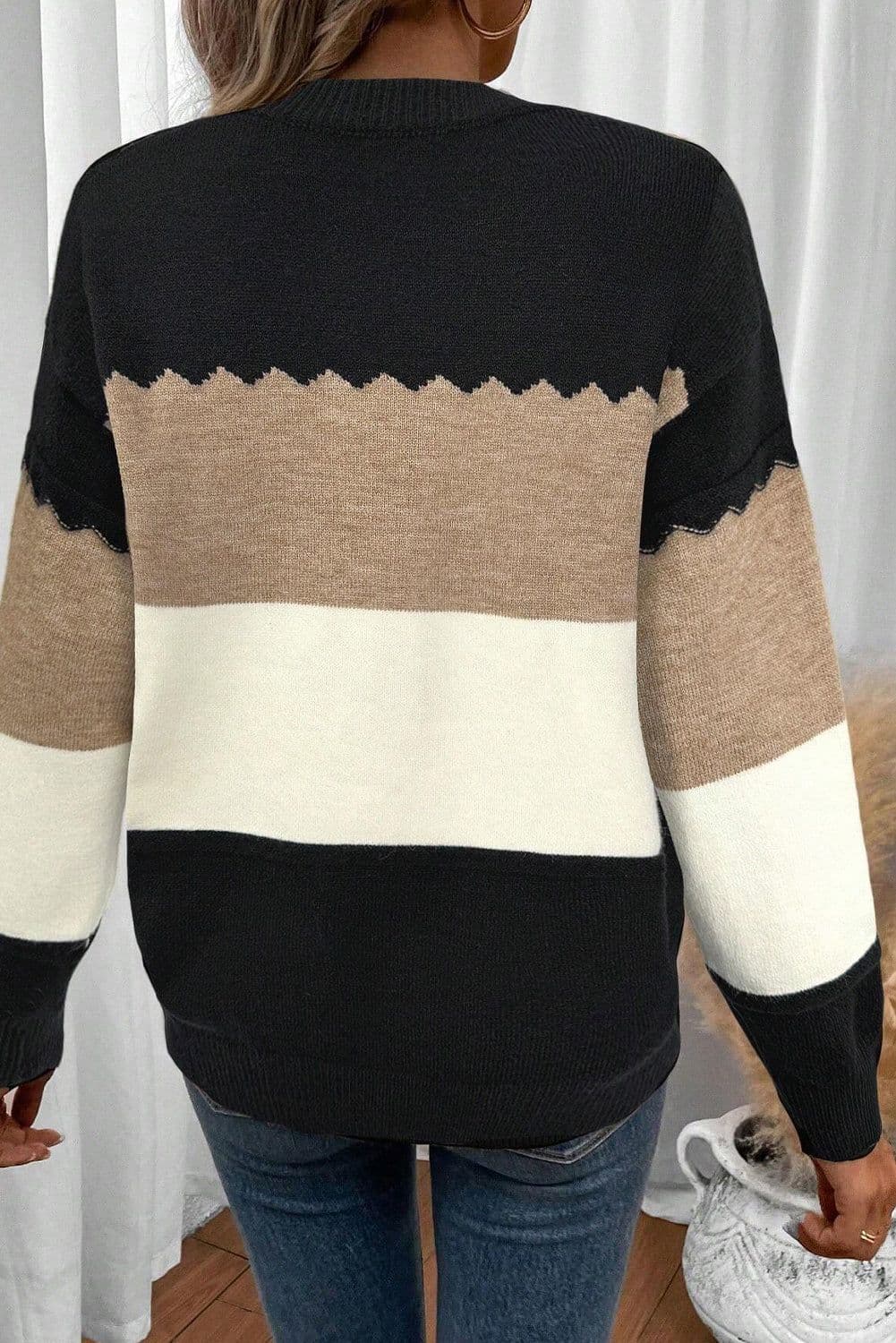 image-Brown Colorblock Crew Neck Drop Shoulder Sweater