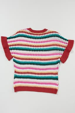image-Fiery Red Trimmed Ruffle Sleeve Colorful Textured Sweater