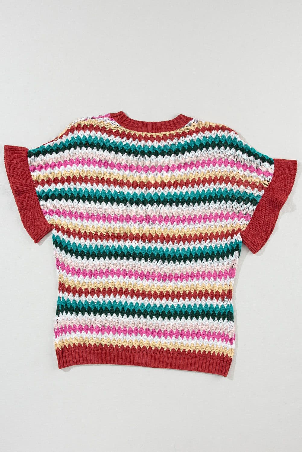 image-Fiery Red Trimmed Ruffle Sleeve Colorful Textured Sweater