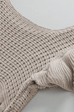 image-Beige Pointelle Knit Flutter Sleeve Sweater - Versatile & Chic