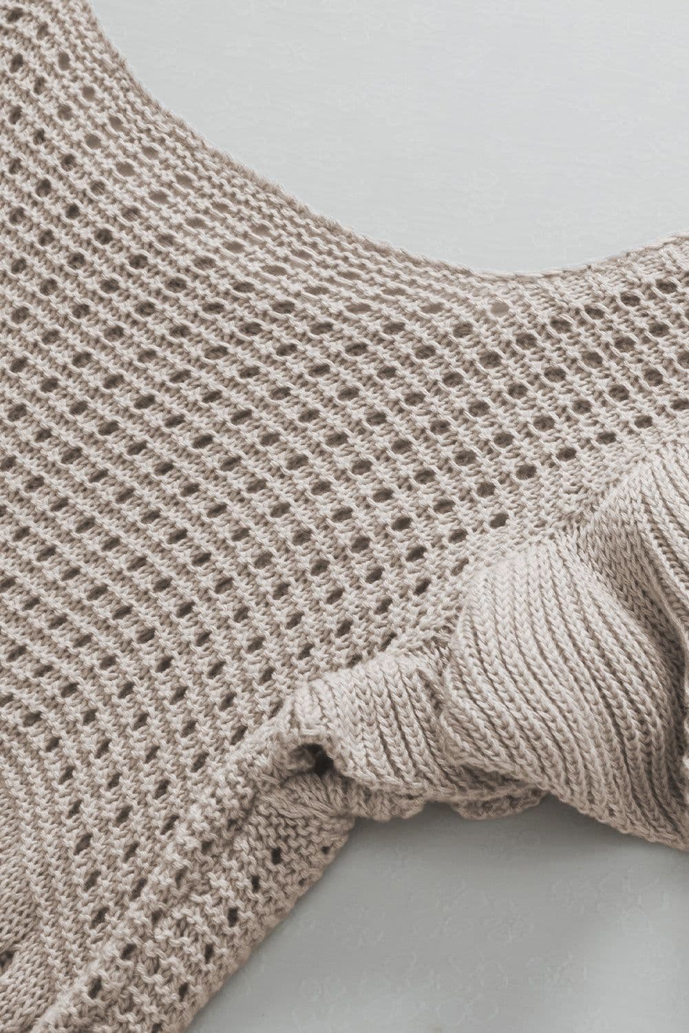 image-Beige Pointelle Knit Flutter Sleeve Sweater - Versatile & Chic