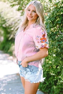 image-Pink Floral Embroidered Puff Sleeve Blouse with Split Neck & Tie Detail