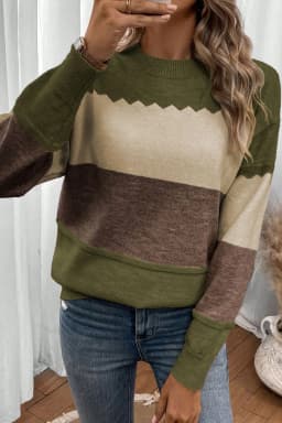 image-Brown Colorblock Crew Neck Drop Shoulder Sweater