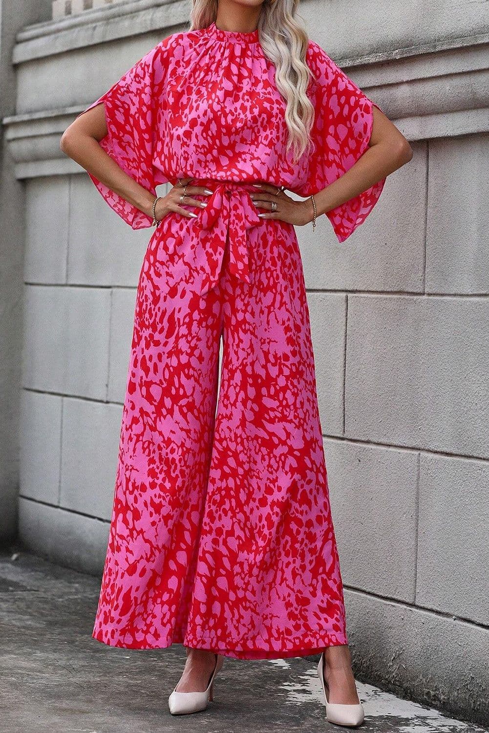image-Leopard Print Wide Leg Jumpsuit - Rose Belted Loose Fit