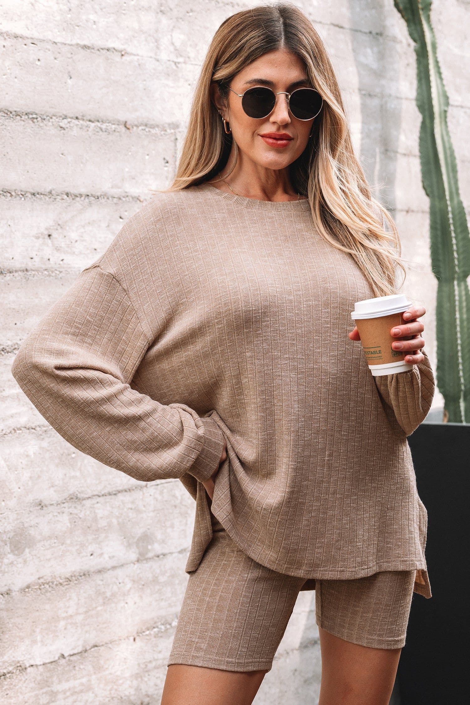 image-Dark Khaki Ribbed Balloon Sleeve Pullover Top and Biker Knitted Short Set