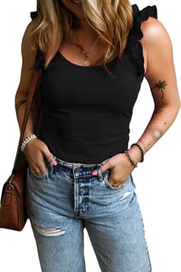 image-Black Ruffled Wide Straps Slim Tank Top