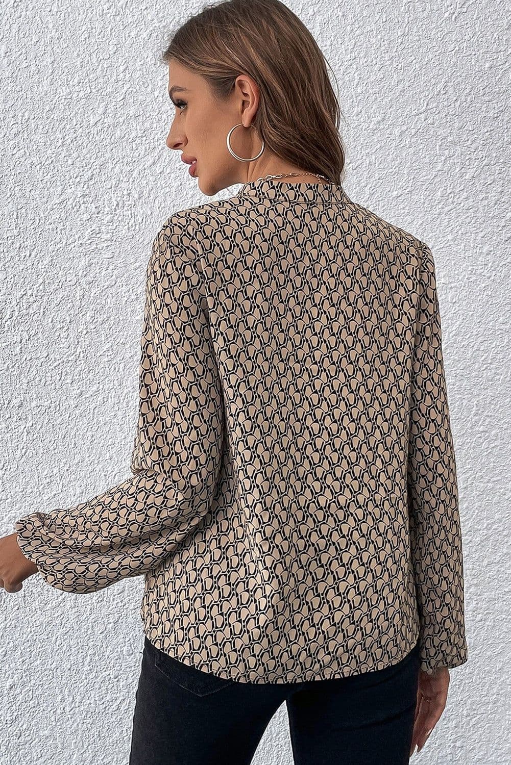 image-Geometric Print Notched Neck Puff Sleeve Blouse - Khaki