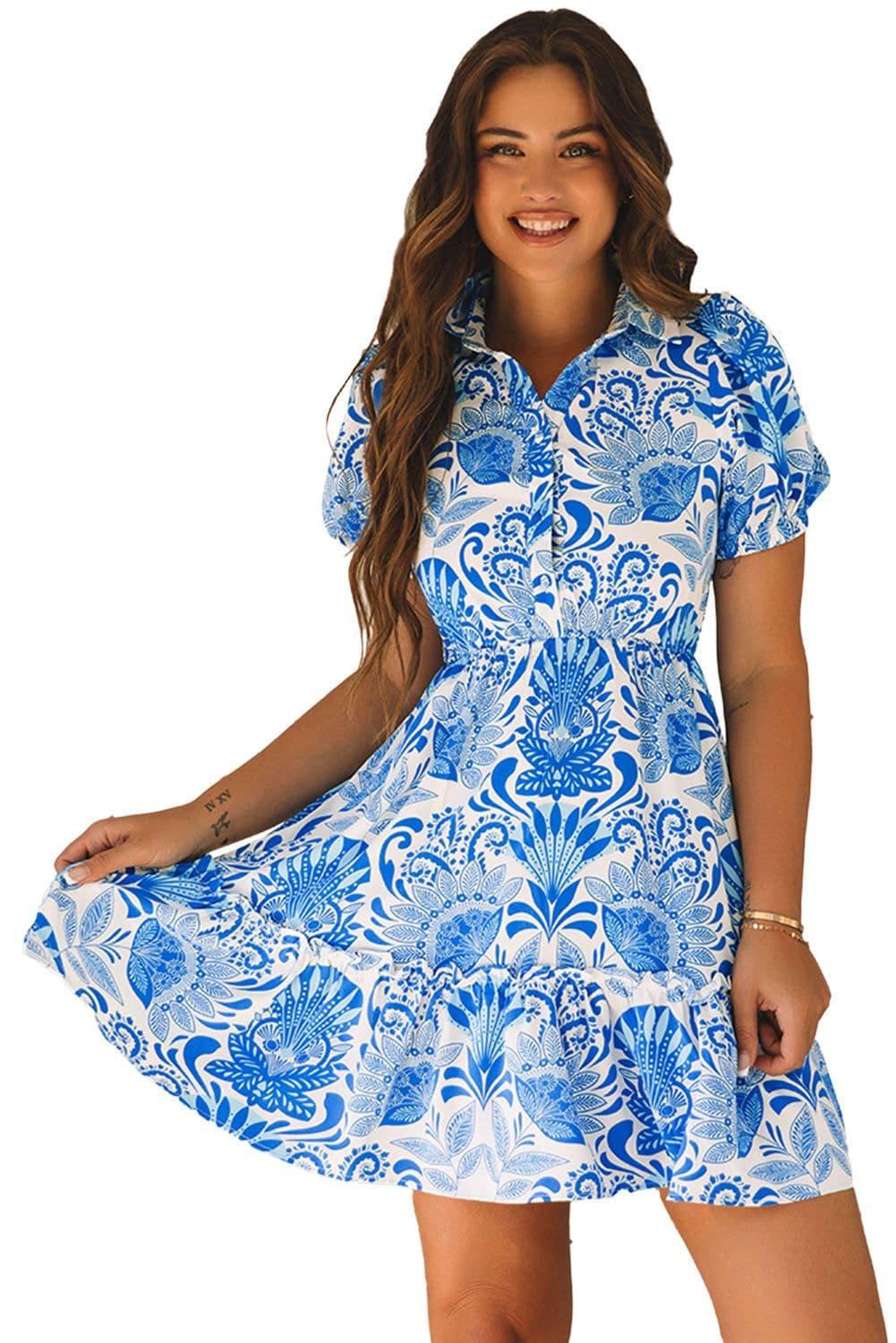 image-Sky Blue Retro Floral Print Drawstring Mini Dress