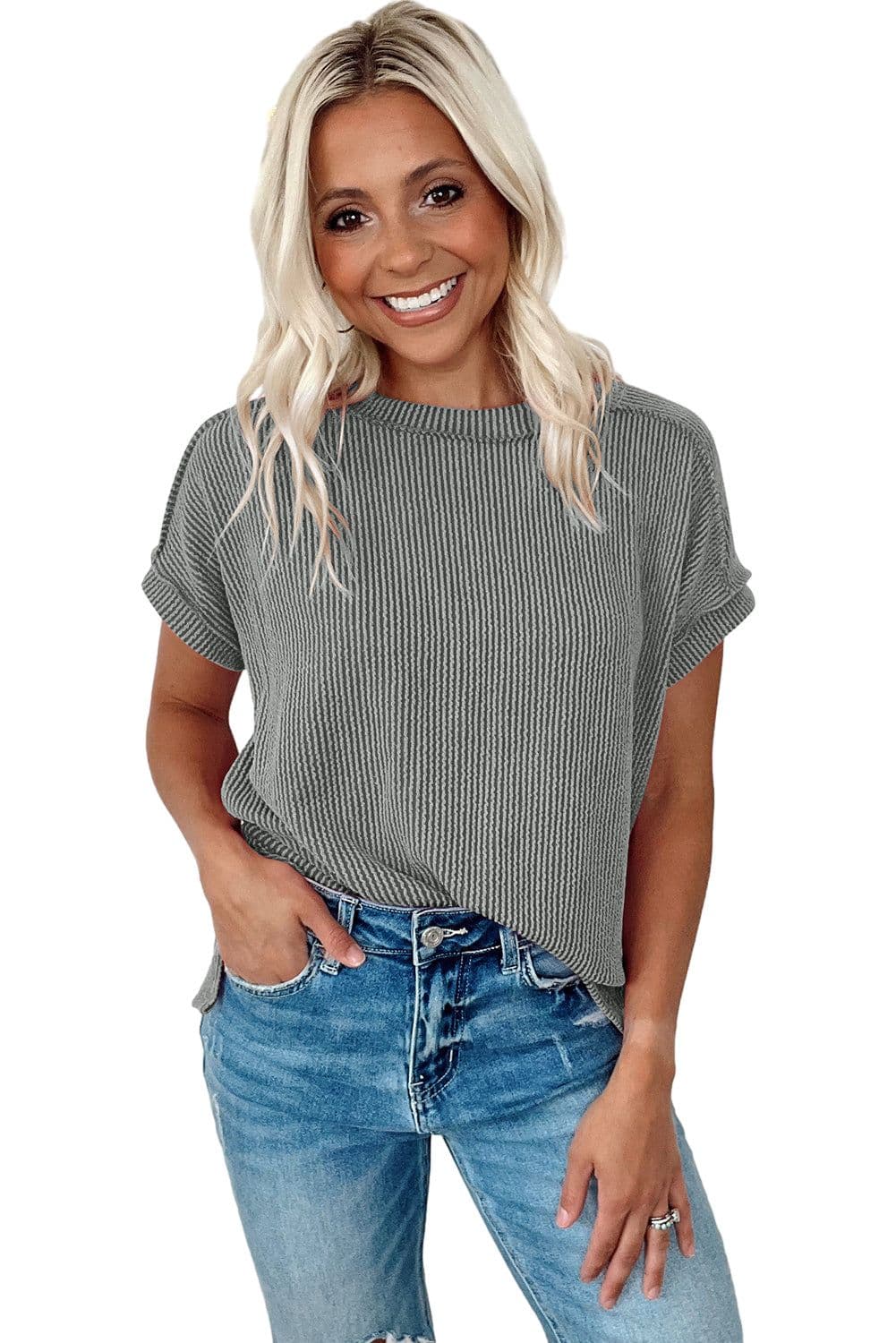 image-Medium Grey Textured Knit T-shirt with Exposed Stitching