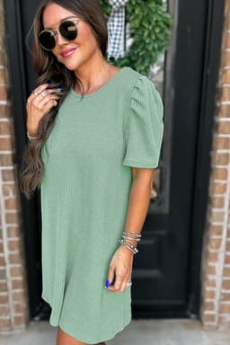 image-Bright Pink Corded Knit Puff Sleeve Mini Dress