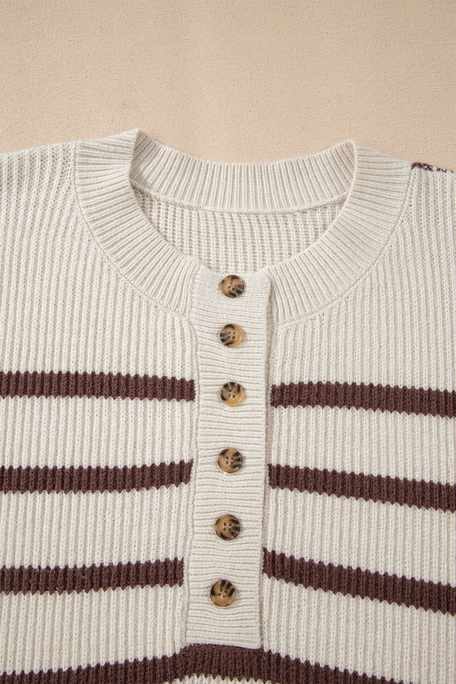 image-Brown Stripe Ribbed Henley Drop Shoulder Slouchy Sweater