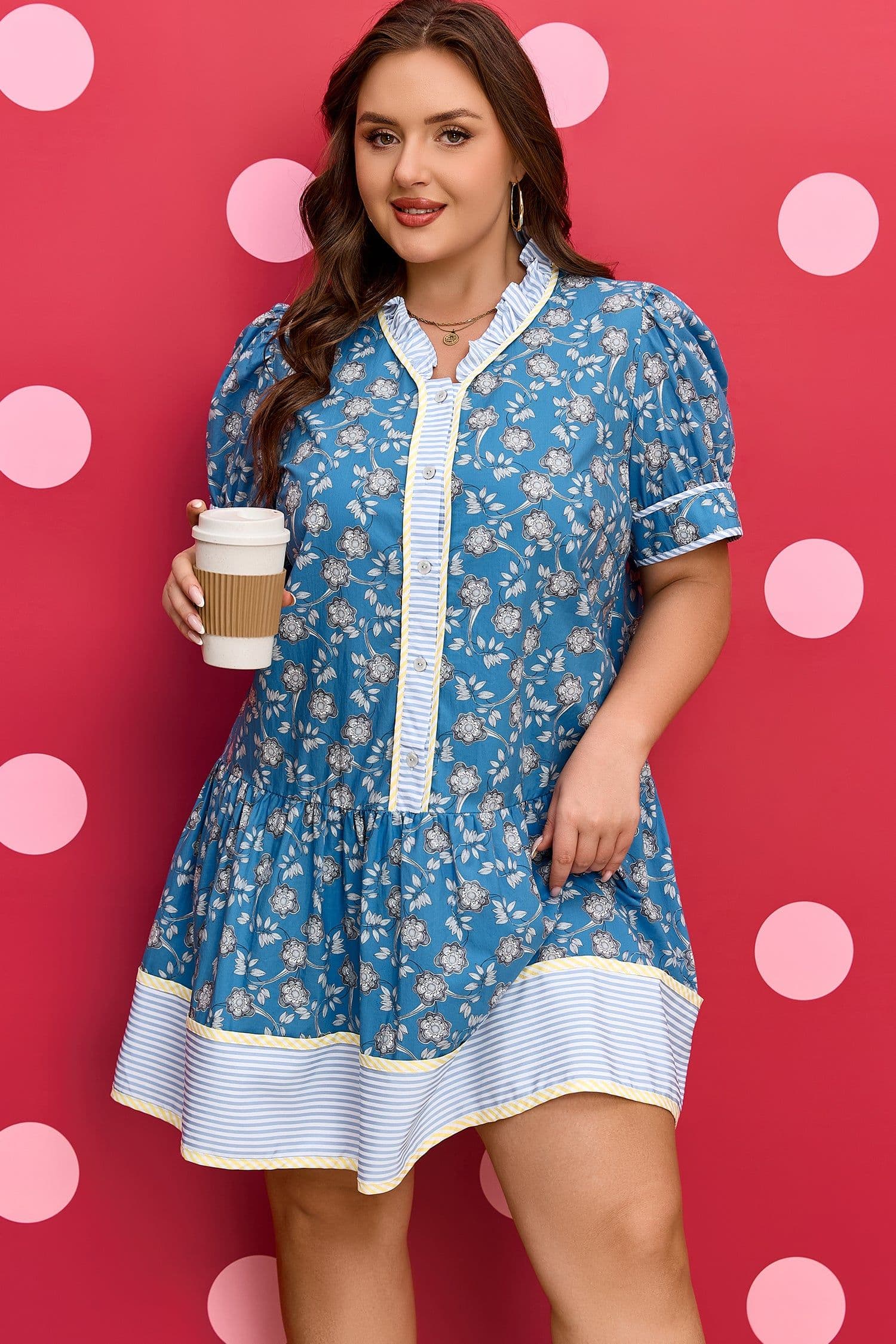 image-Blue Plus Size Floral Print Striped Patchwork Detail Button Front Ruffle Hem Dress