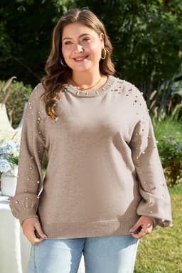 image-Plus Size Sweater - Smoke Gray Pearled Drop Shoulder - Elegant & Versatile