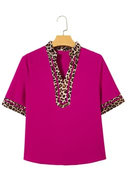 image-Violet Leopard Patchwork Split Neck Blouse
