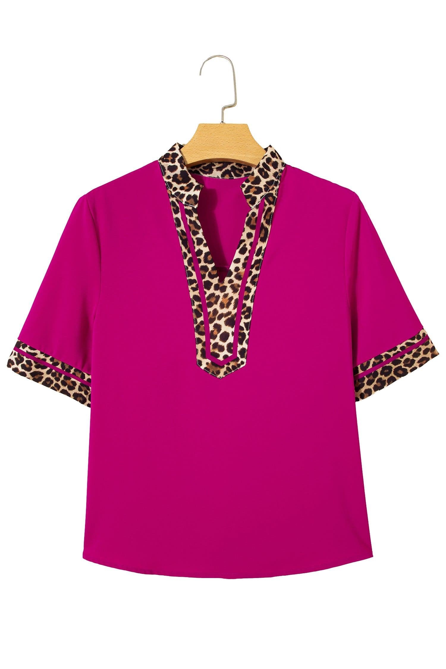 image-Violet Leopard Patchwork Split Neck Blouse