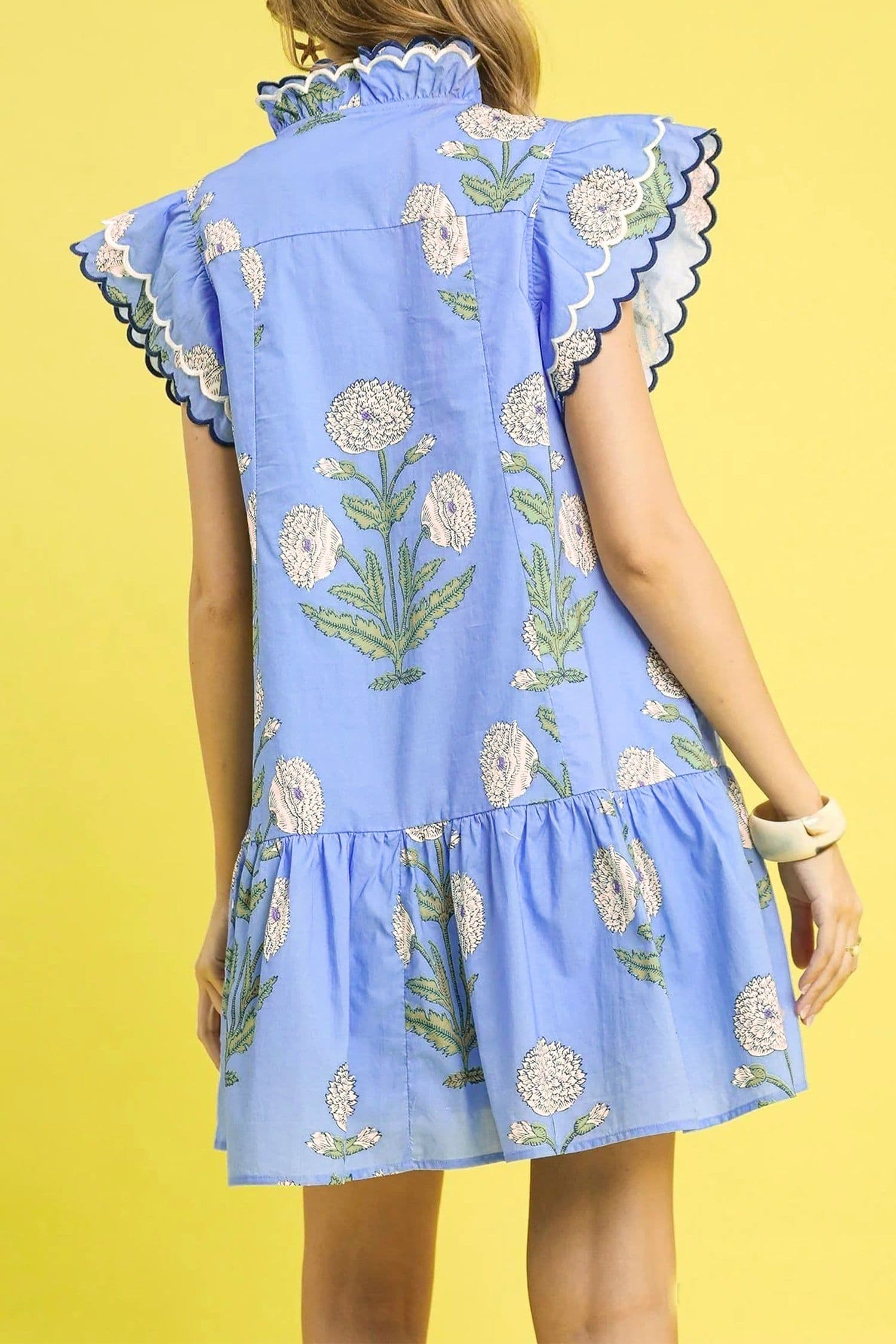 image-White Floral Print V Neck Mini Dress Scalloped Trim
