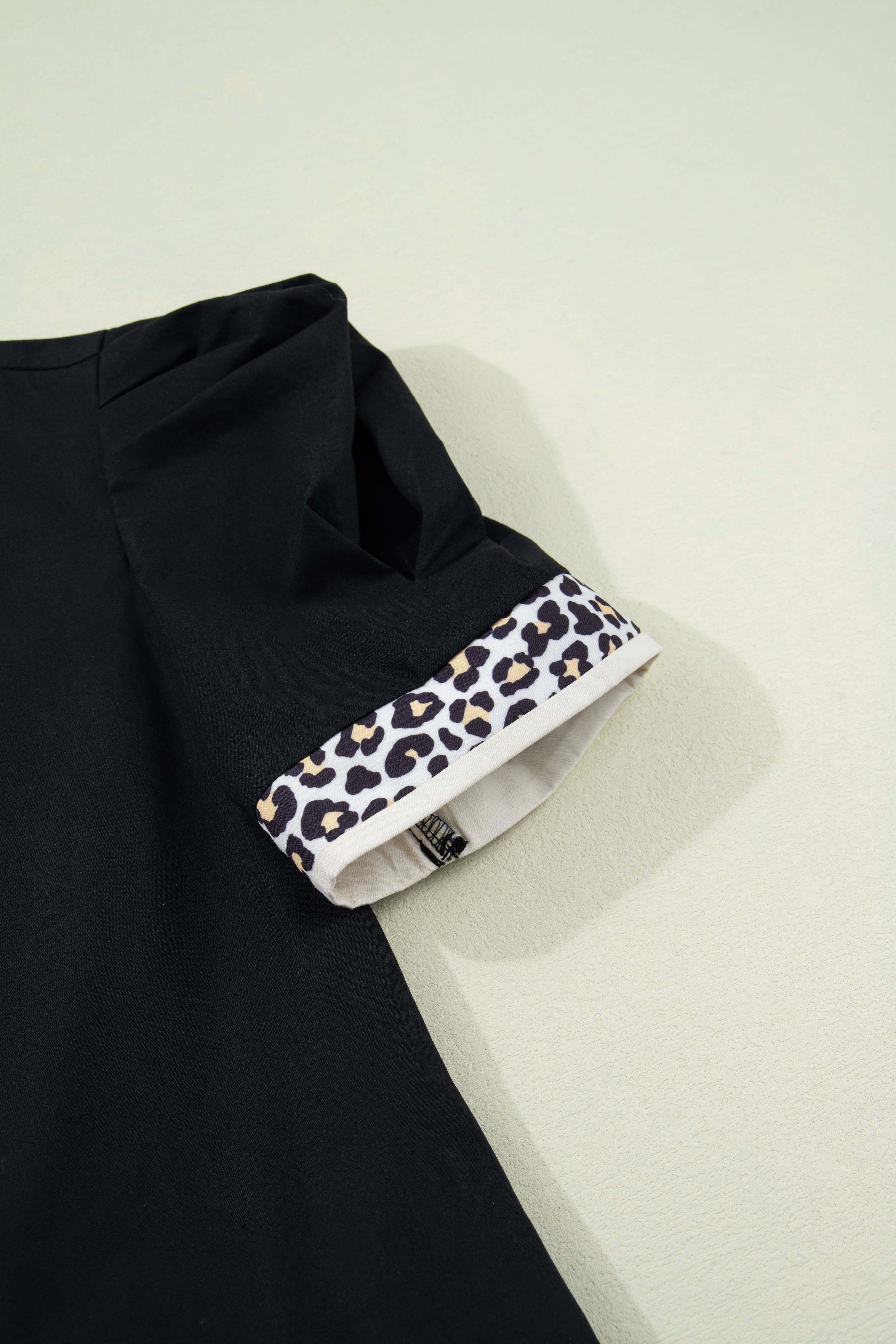 image-Black Leopard Trim Notched Neck Short Puff Sleeve Shift Mini Dress