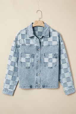 image-Beau Blue Denim Checkered Patchwork Jacket