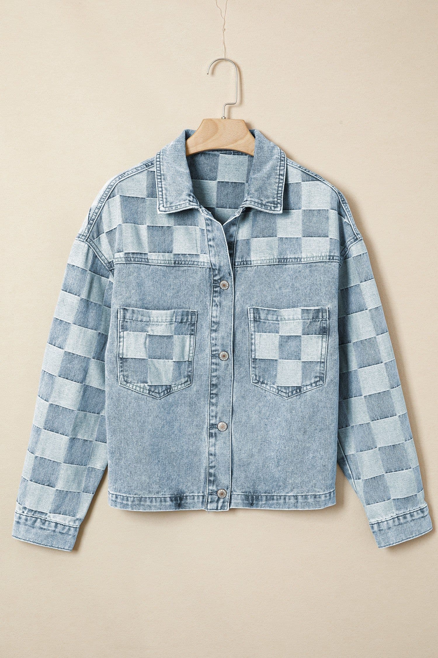 image-Beau Blue Denim Checkered Patchwork Jacket