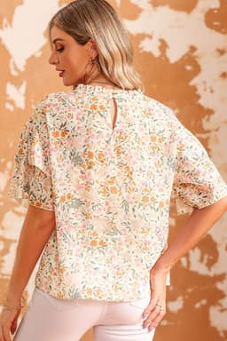 image-Floral Print Wide Ruffle Sleeves Blouse - Multicolor, Size S-XL
