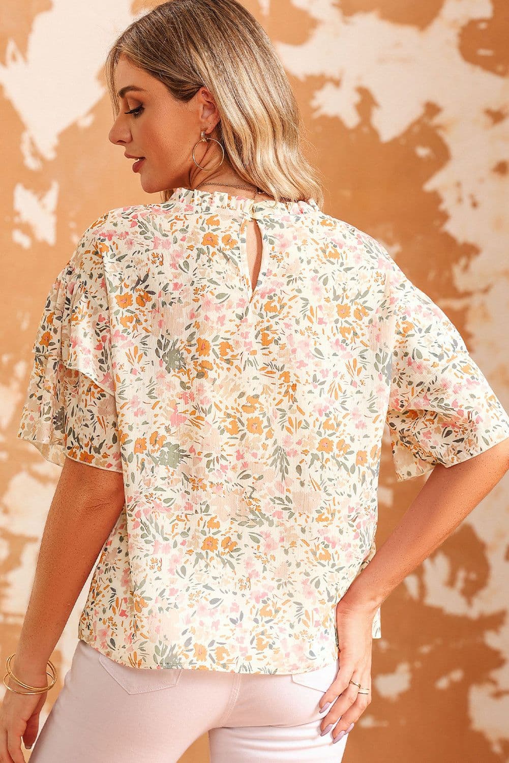 image-Floral Print Wide Ruffle Sleeves Blouse - Multicolor, Size S-XL