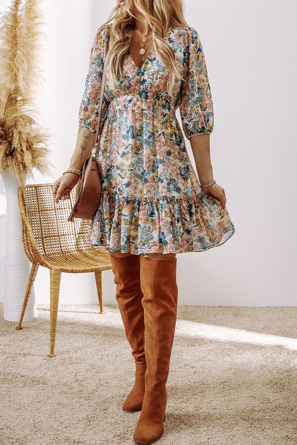 image-Sky Blue Floral V-Neck High Waist Dress 3/4 Sleeves Elegant