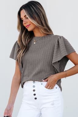 image-Solid Color Textured Flutter Sleeve Top, Size Chart Included