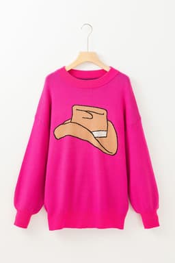 image-Cowboy Hat Graphic Rose Red Oversized Sweater - Drop Shoulder
