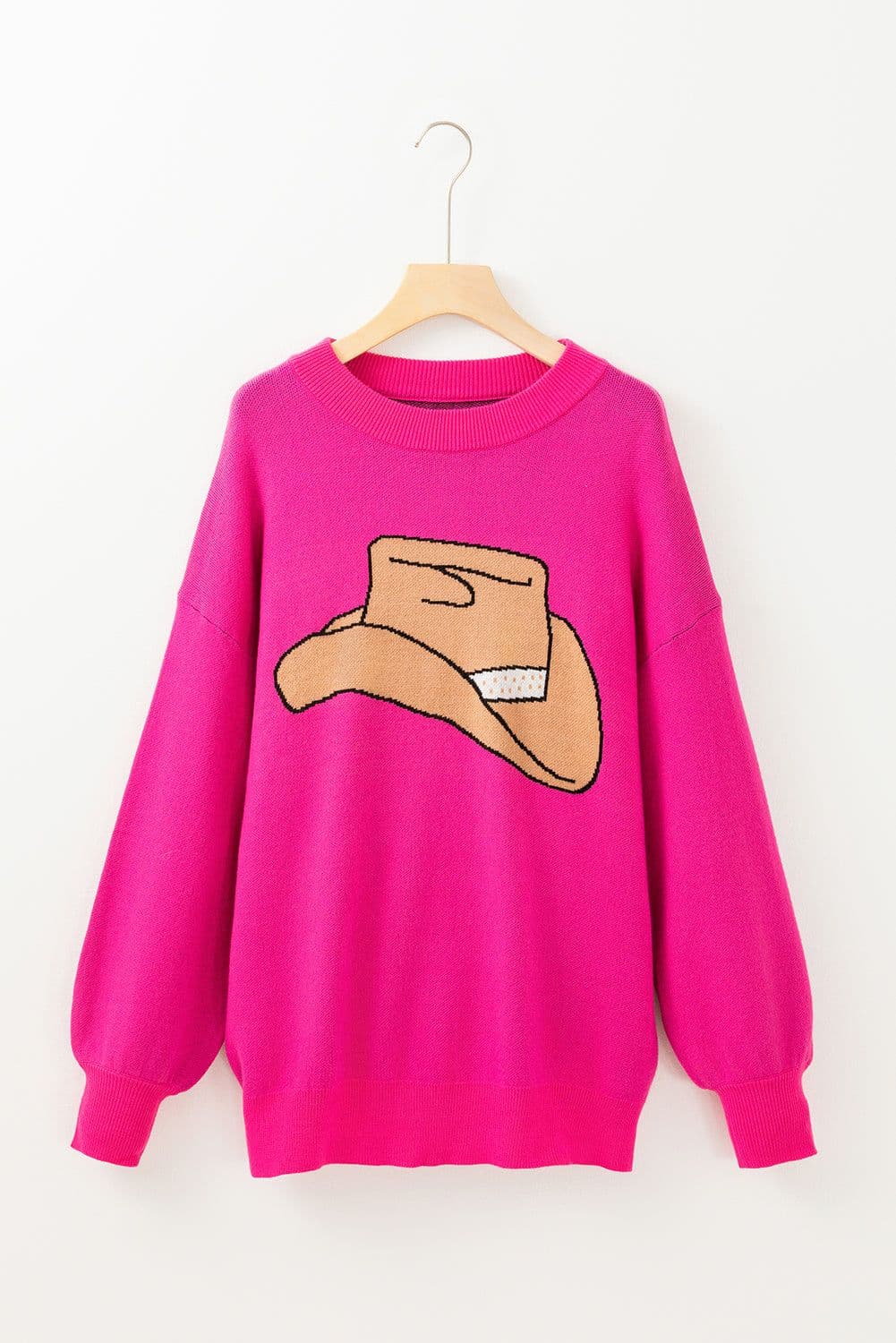image-Cowboy Hat Graphic Rose Red Oversized Sweater - Drop Shoulder