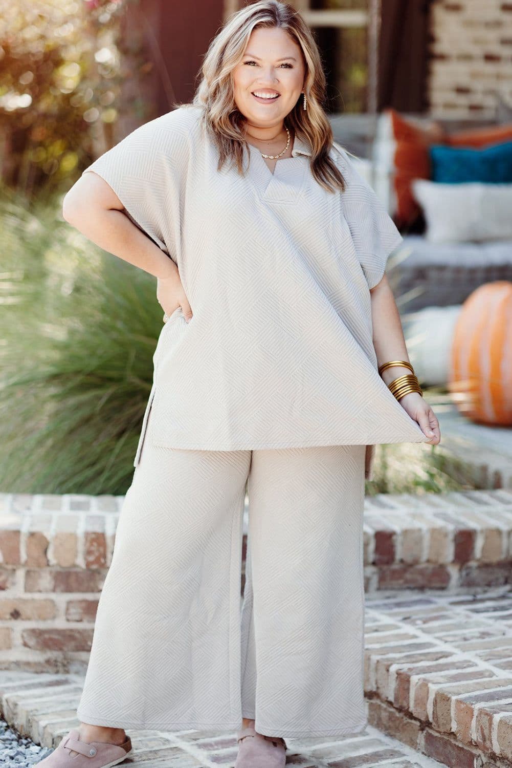 image-Beige Plus Size Textured Collared Top and Pants Set