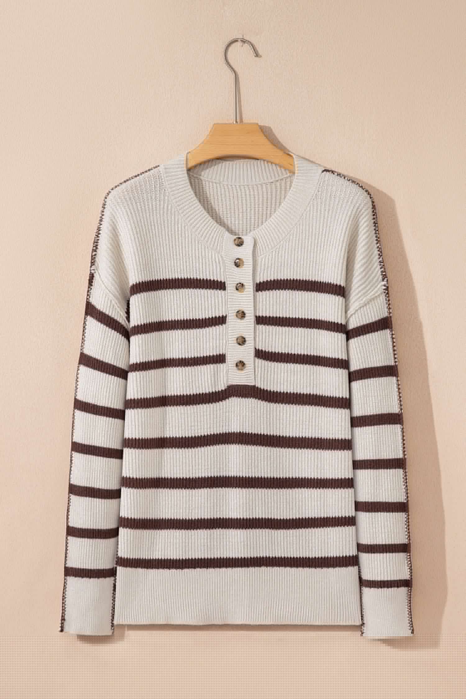 image-Brown Stripe Ribbed Henley Drop Shoulder Slouchy Sweater