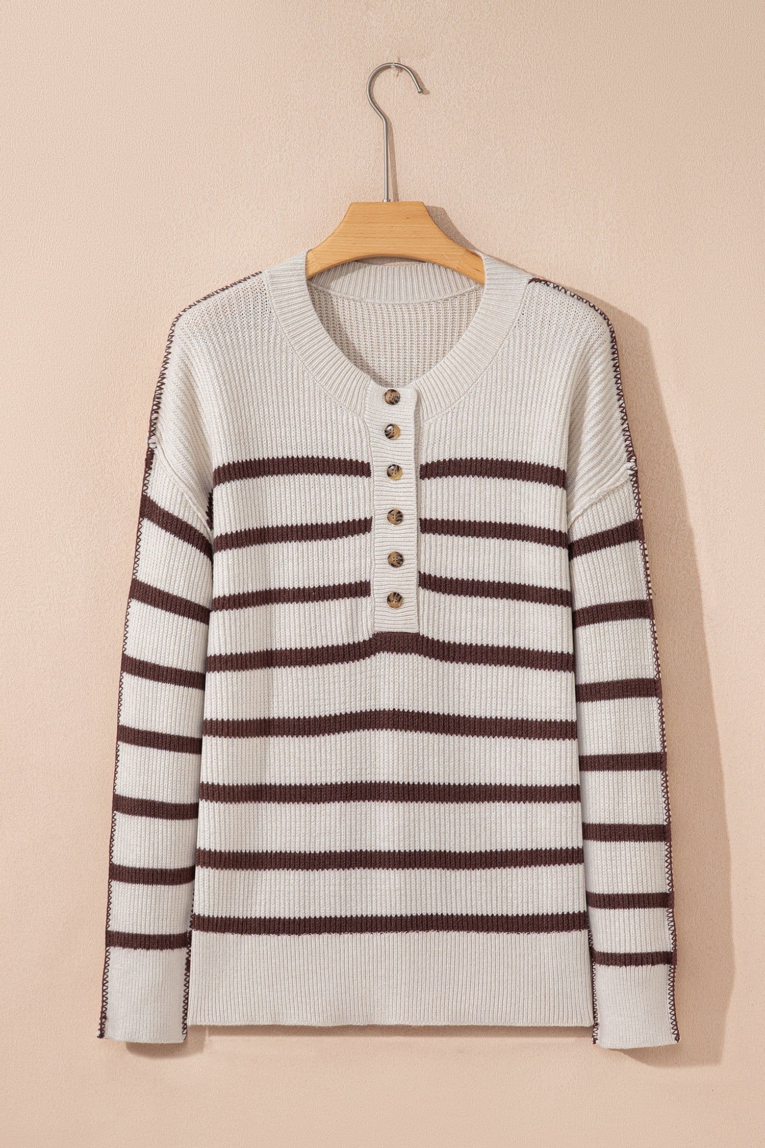 image-Brown Stripe Ribbed Henley Drop Shoulder Slouchy Sweater