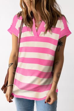 image-Pink Stripe V-Neck Collared Cap Sleeve Top