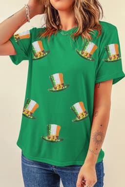 image-Bright Green Sequin St Patricks Day Hat Relaxed T Shirt