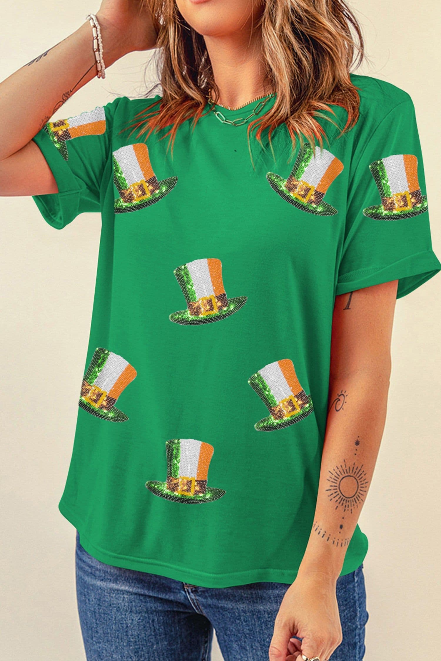 image-Bright Green Sequin St Patricks Day Hat Relaxed T Shirt