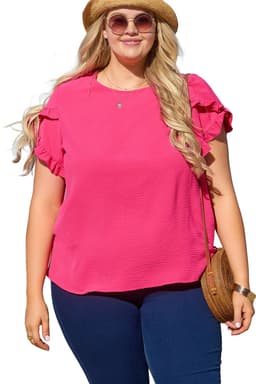 image-Bright Pink Ruffled Short Sleeve Plus Size Top