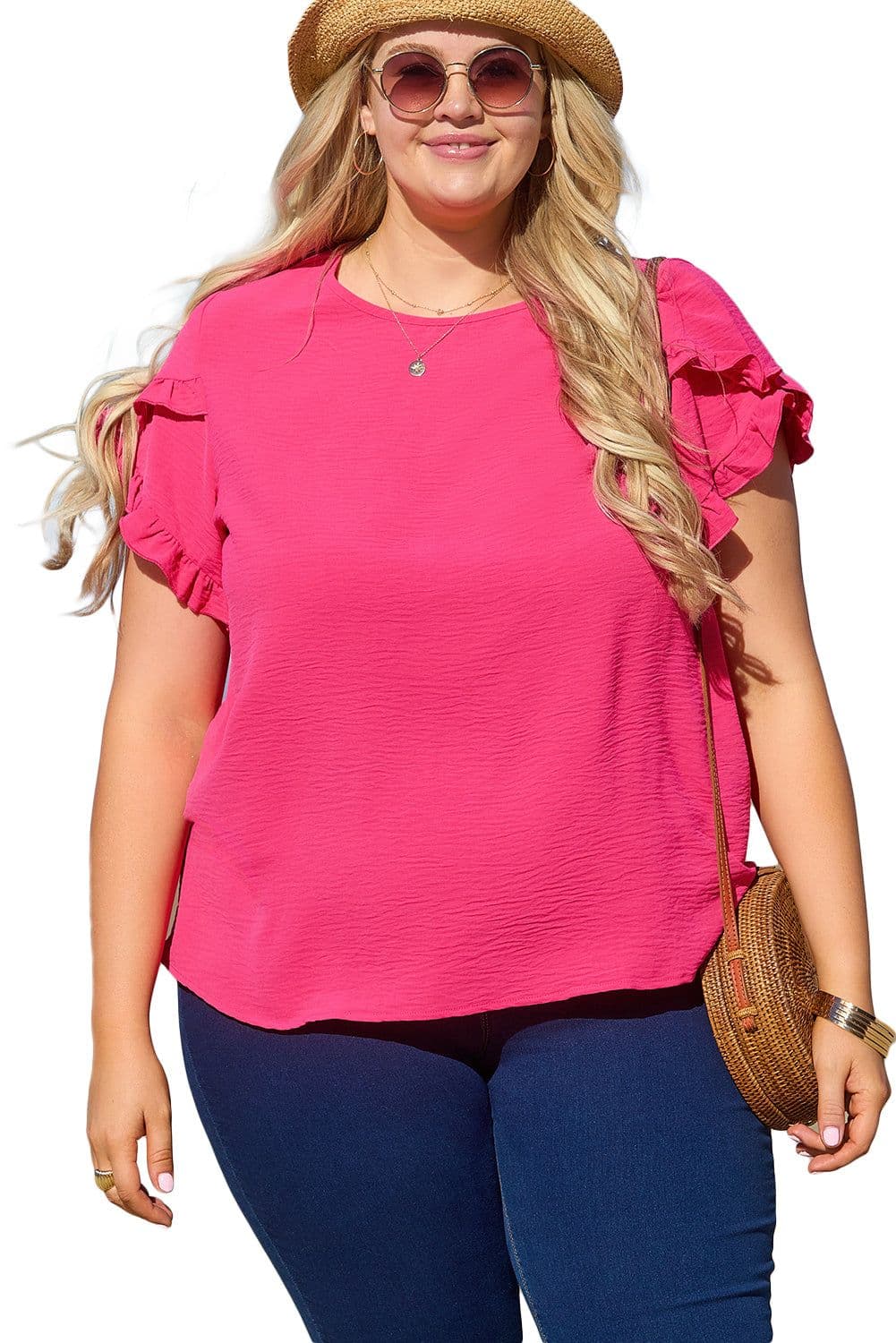 image-Bright Pink Ruffled Short Sleeve Plus Size Top