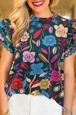 image-Floral Blouse - Green Trimmed Ruffle Sleeves Summer Top - Sizes Available