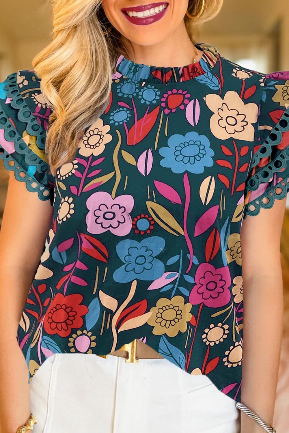 image-Floral Blouse - Green Trimmed Ruffle Sleeves Summer Top - Sizes Available