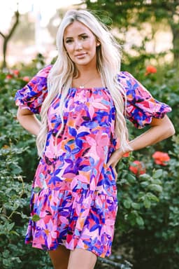 image-Purple Ruffled Short Sleeve Floral Print Dress - Sizes Available (59 characters)