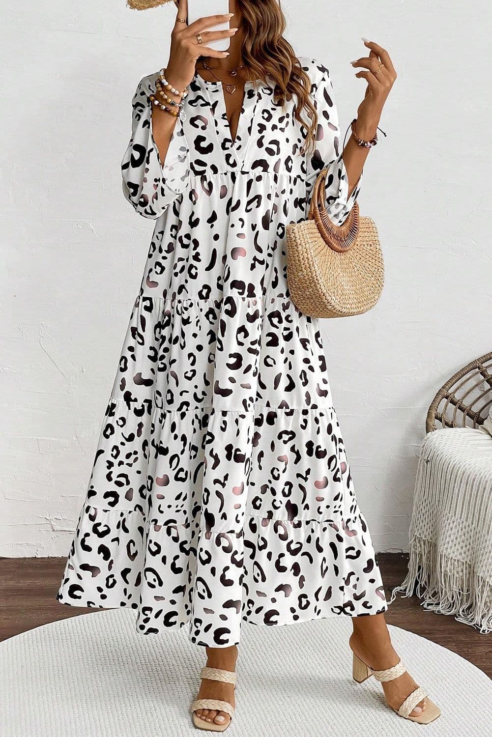 image-White Leopard Print Maxi Dress V-Neck Loose Fit Elegant Tiered Design