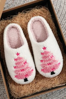image-White Plush Christmas Tree Slippers Contrast Liner