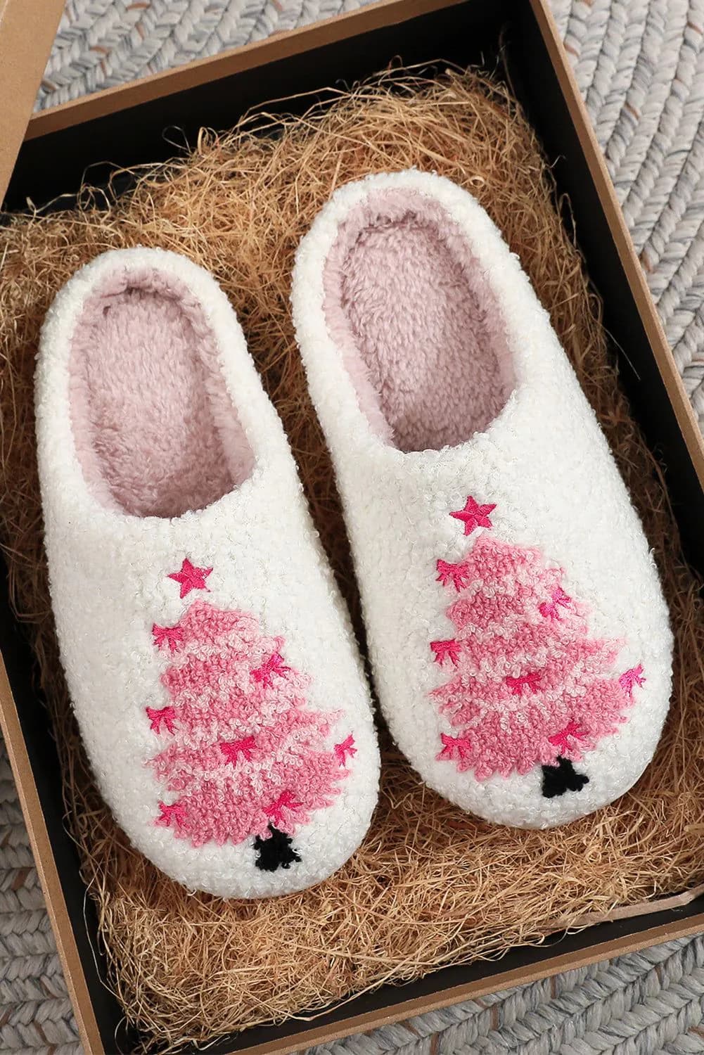 image-White Plush Christmas Tree Slippers Contrast Liner