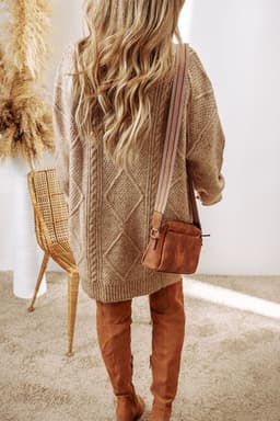 image-Oatmeal Cable Knit Drop Shoulder Loose Fit Sweater Dress